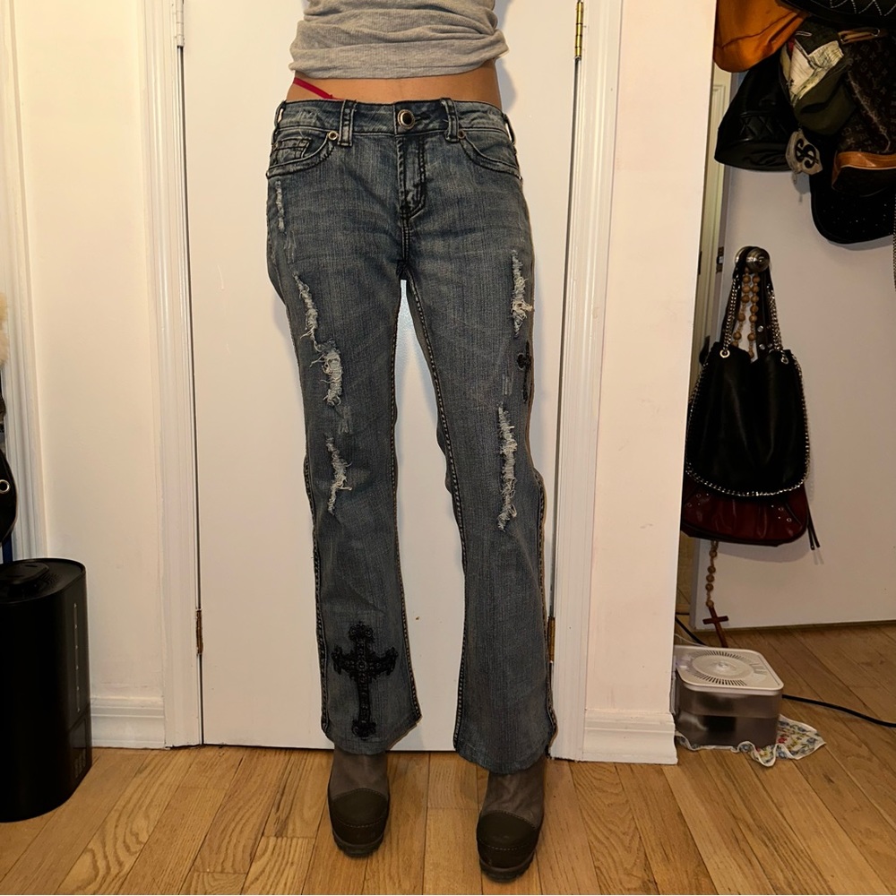 Denim Cross Print Jeans